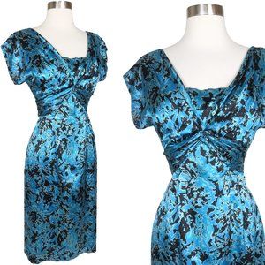 Vintage 50s Blue Black Silk Cocktail Party Sheath Dress XS